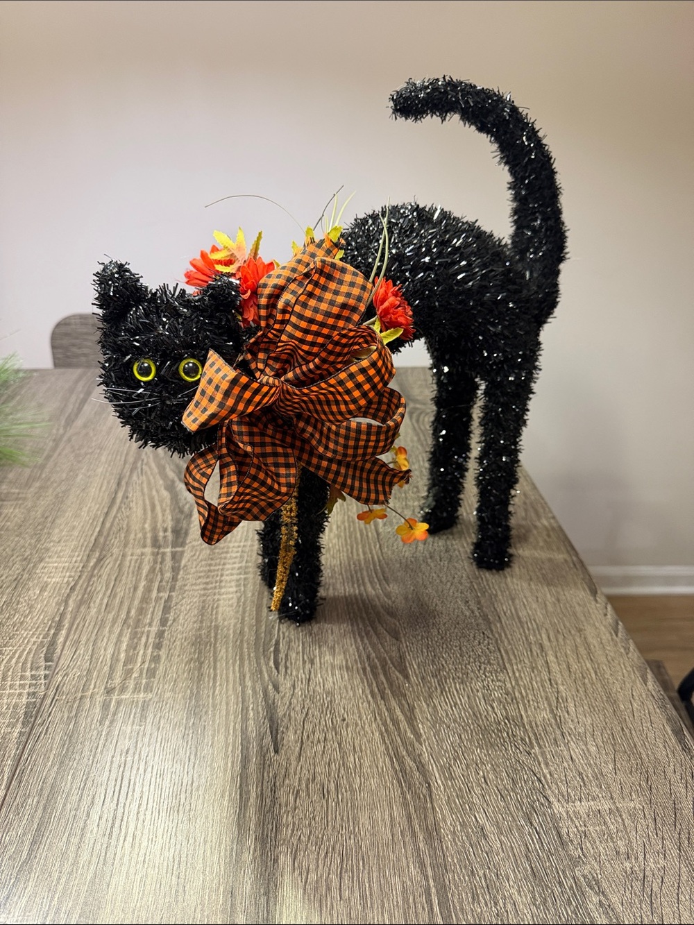 Halloween Black Decorative Standing Cat with Orange Plaid Bow